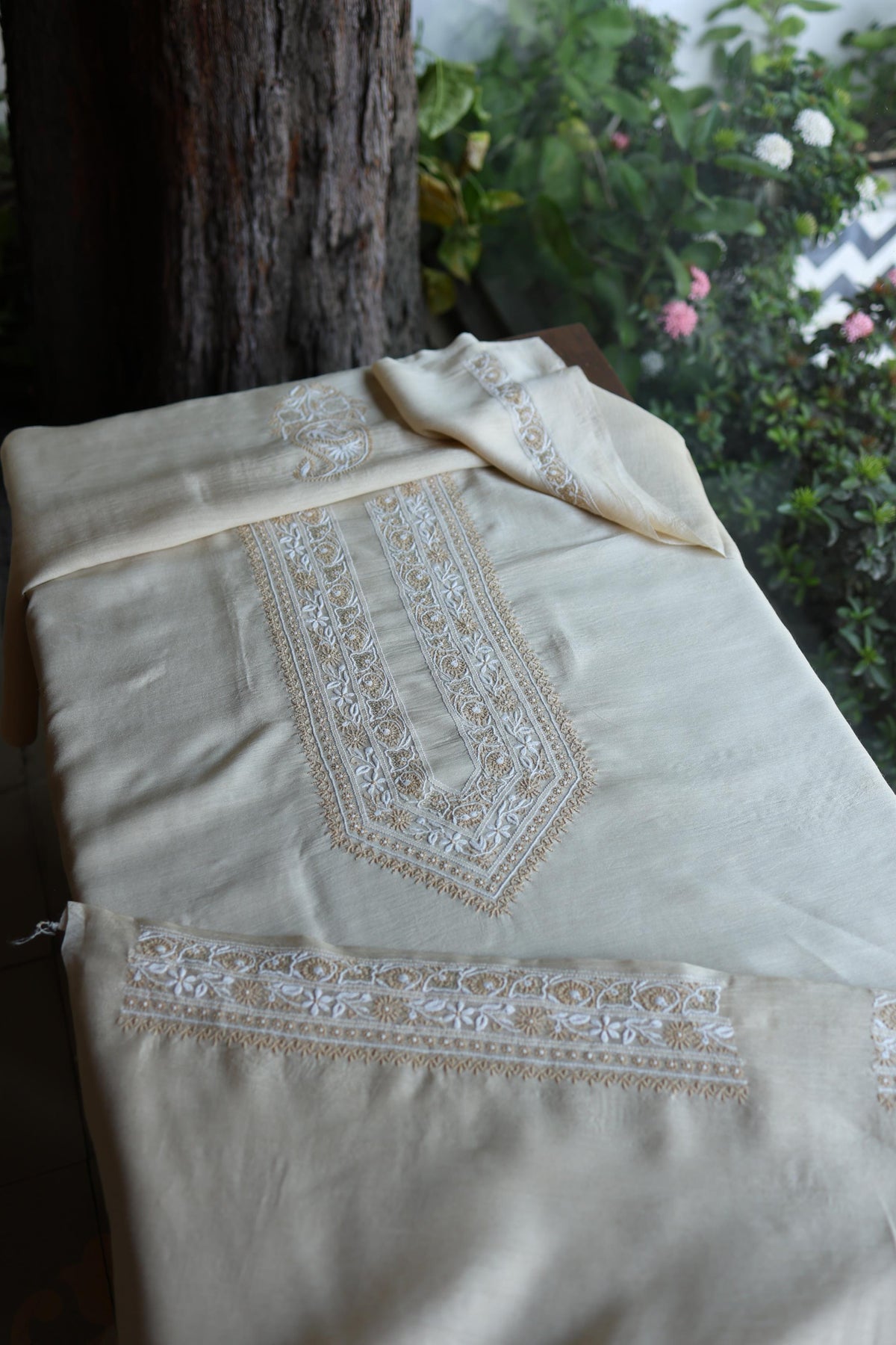 Moonga Silk Natural Beige Chikankari Men’s Kurta Fabric
