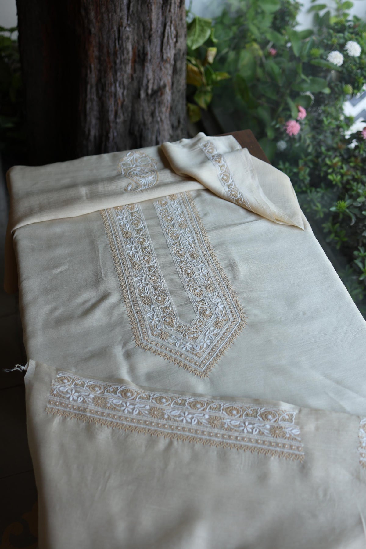 Moonga Silk Natural Beige Chikankari Men’s Kurta Fabric