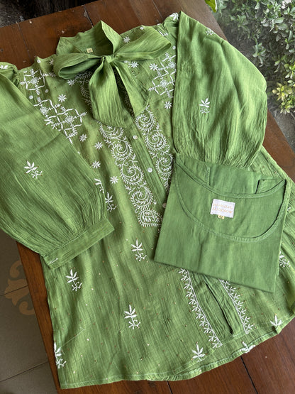 Moss Green Shade Chikankari Short Shirt With Lining