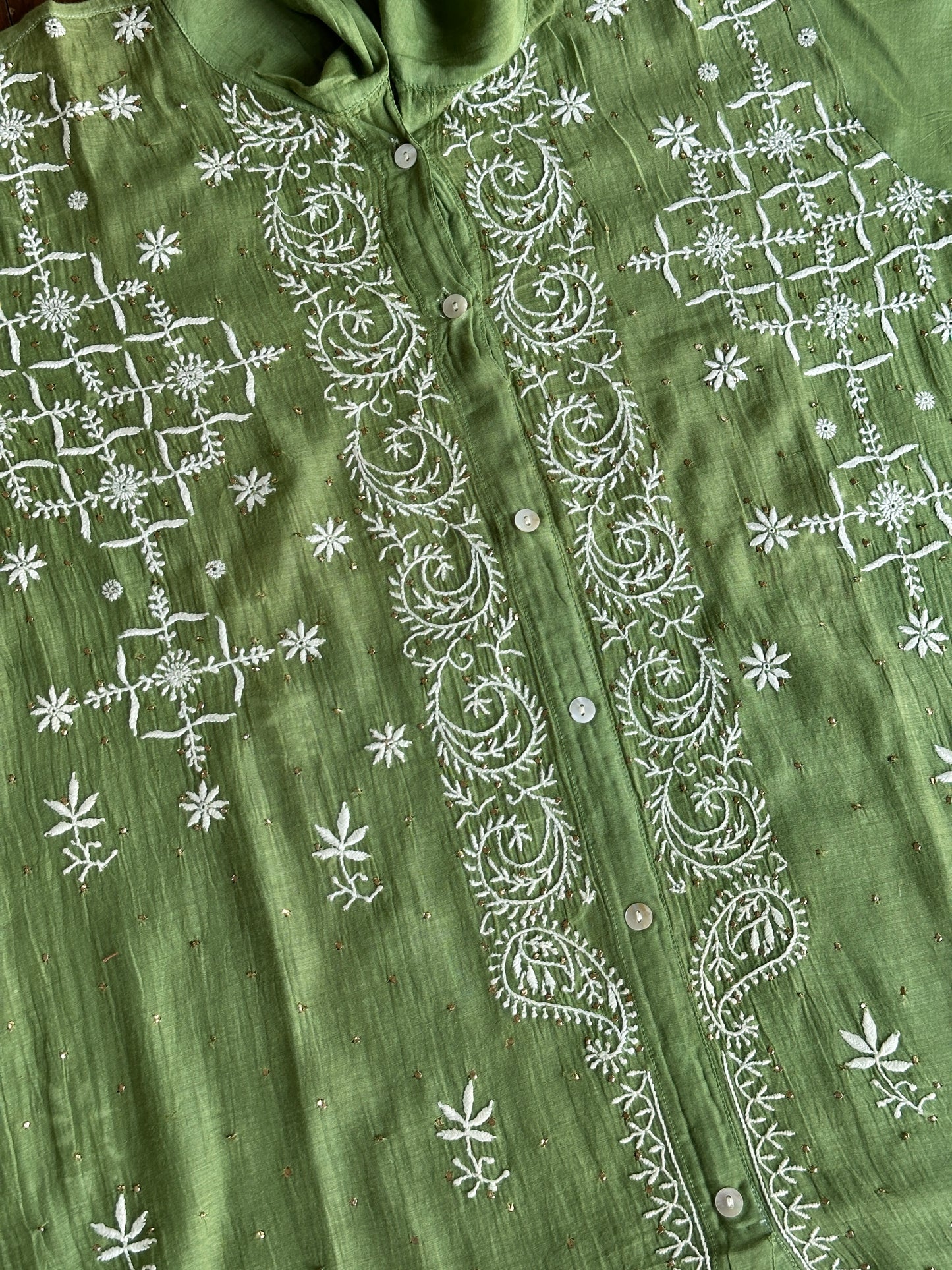 Moss Green Shade Chikankari Short Shirt With Lining