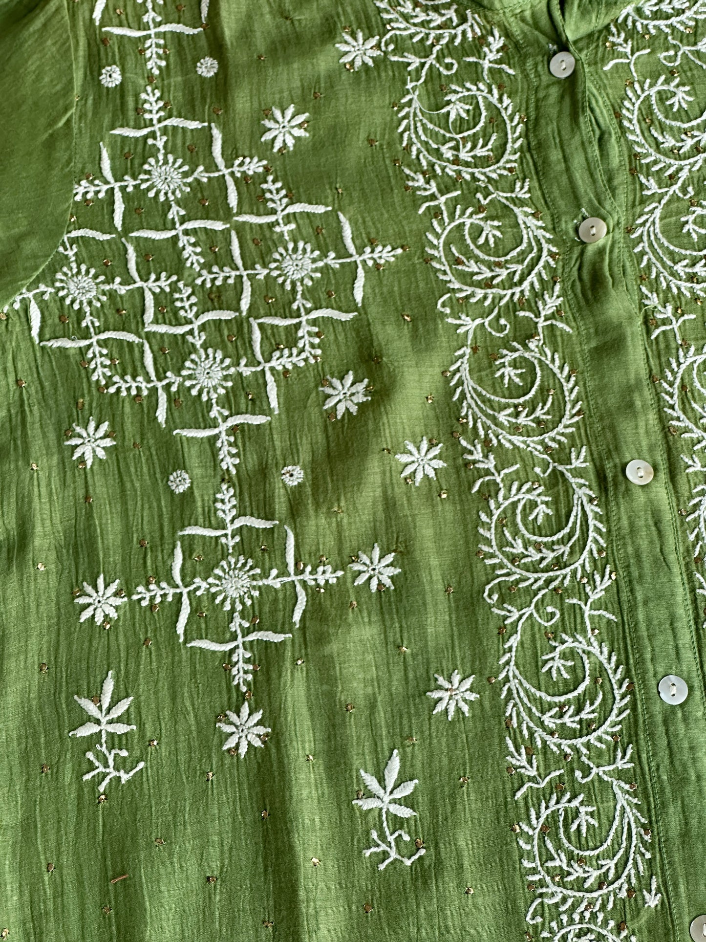 Moss Green Shade Chikankari Short Shirt With Lining