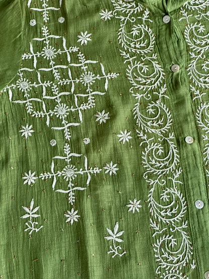 Moss Green Shade Chikankari Short Shirt With Lining