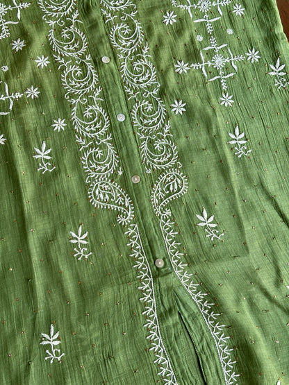 Moss Green Shade Chikankari Short Shirt With Lining