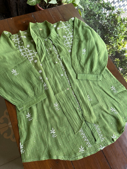 Moss Green Shade Chikankari Short Shirt With Lining