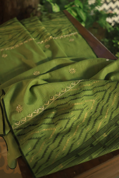 Moss Green Shade Jamdani X Chikankari Unstitched Fabric
