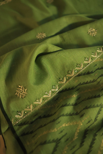 Moss Green Shade Jamdani X Chikankari Unstitched Fabric