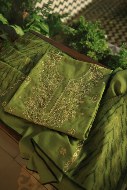 Moss Green Shade Jamdani X Chikankari Unstitched Fabric