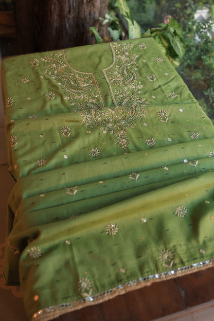 Moss Green Shade Jamdani X Chikankari Unstitched Fabric