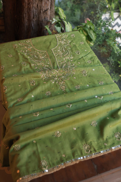 Moss Green Shade Jamdani X Chikankari Unstitched Fabric