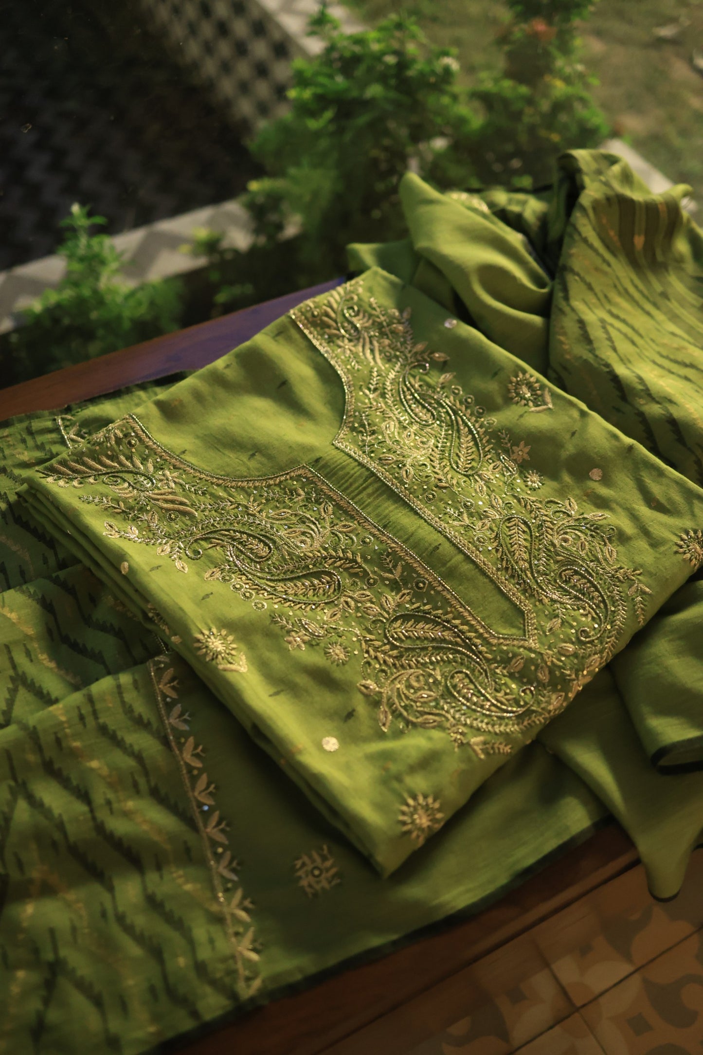 Moss Green Shade Jamdani X Chikankari Unstitched Fabric