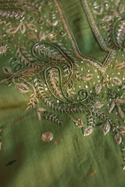 Moss Green Shade Jamdani X Chikankari Unstitched Fabric