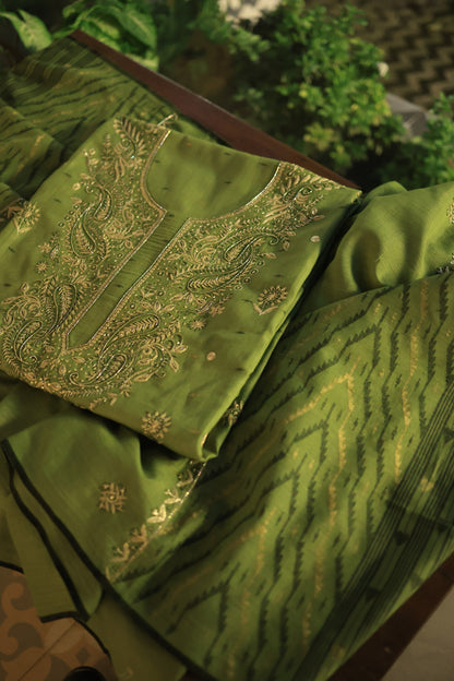 Moss Green Shade Jamdani X Chikankari Unstitched Fabric