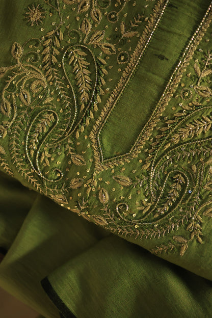 Moss Green Shade Jamdani X Chikankari Unstitched Fabric