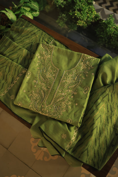 Moss Green Shade Jamdani X Chikankari Unstitched Fabric