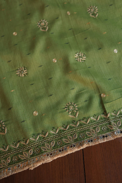 Moss Green Shade Jamdani X Chikankari Unstitched Fabric