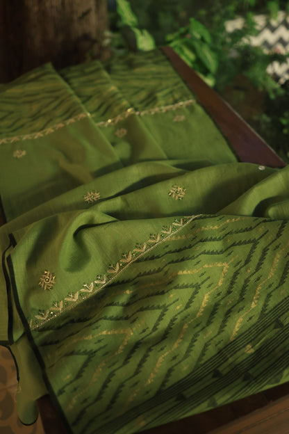 Moss Green Shade Jamdani X Chikankari Unstitched Fabric