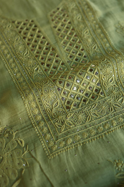 Moss Green Shade Mal Cotton Fine Chikankari With Kamdani Work Unstitched Fabric