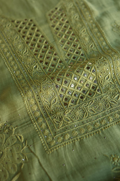 Moss Green Shade Mal Cotton Fine Chikankari With Kamdani Work Unstitched Fabric