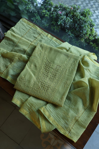 Moss Green Shade Mal Cotton Fine Chikankari With Kamdani Work Unstitched Fabric