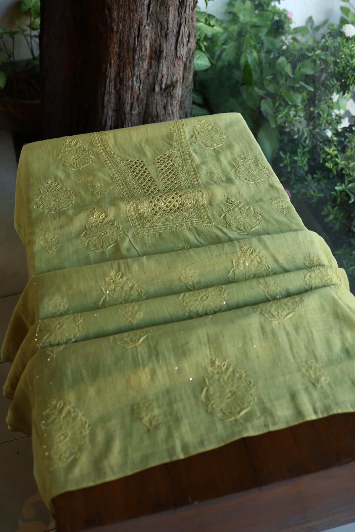 Moss Green Shade Mal Cotton Fine Chikankari With Kamdani Work Unstitched Fabric