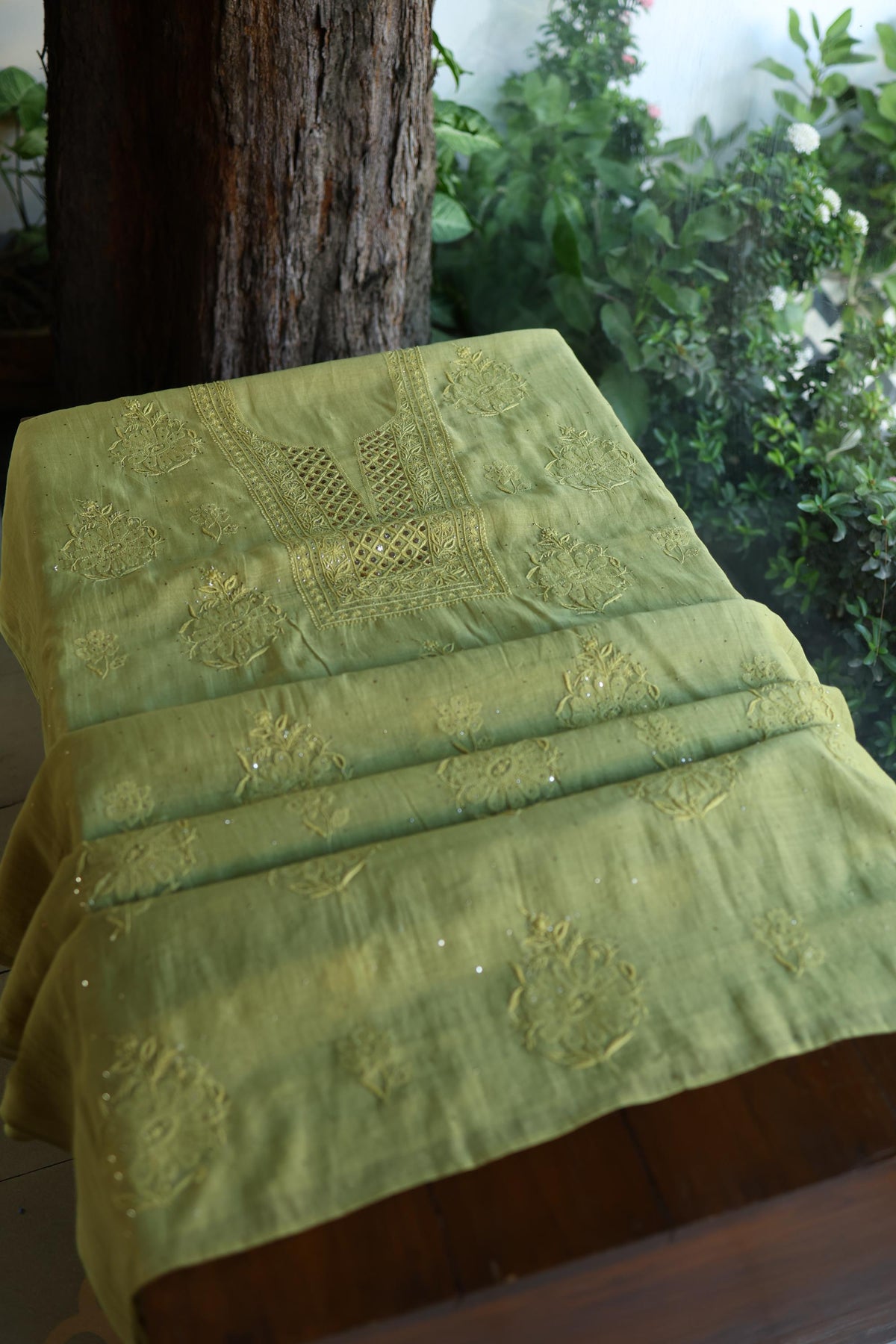 Moss Green Shade Mal Cotton Fine Chikankari With Kamdani Work Unstitched Fabric