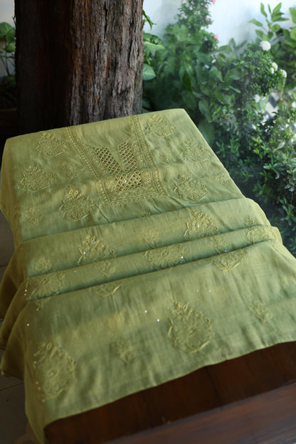 Moss Green Shade Mal Cotton Fine Chikankari With Kamdani Work Unstitched Fabric