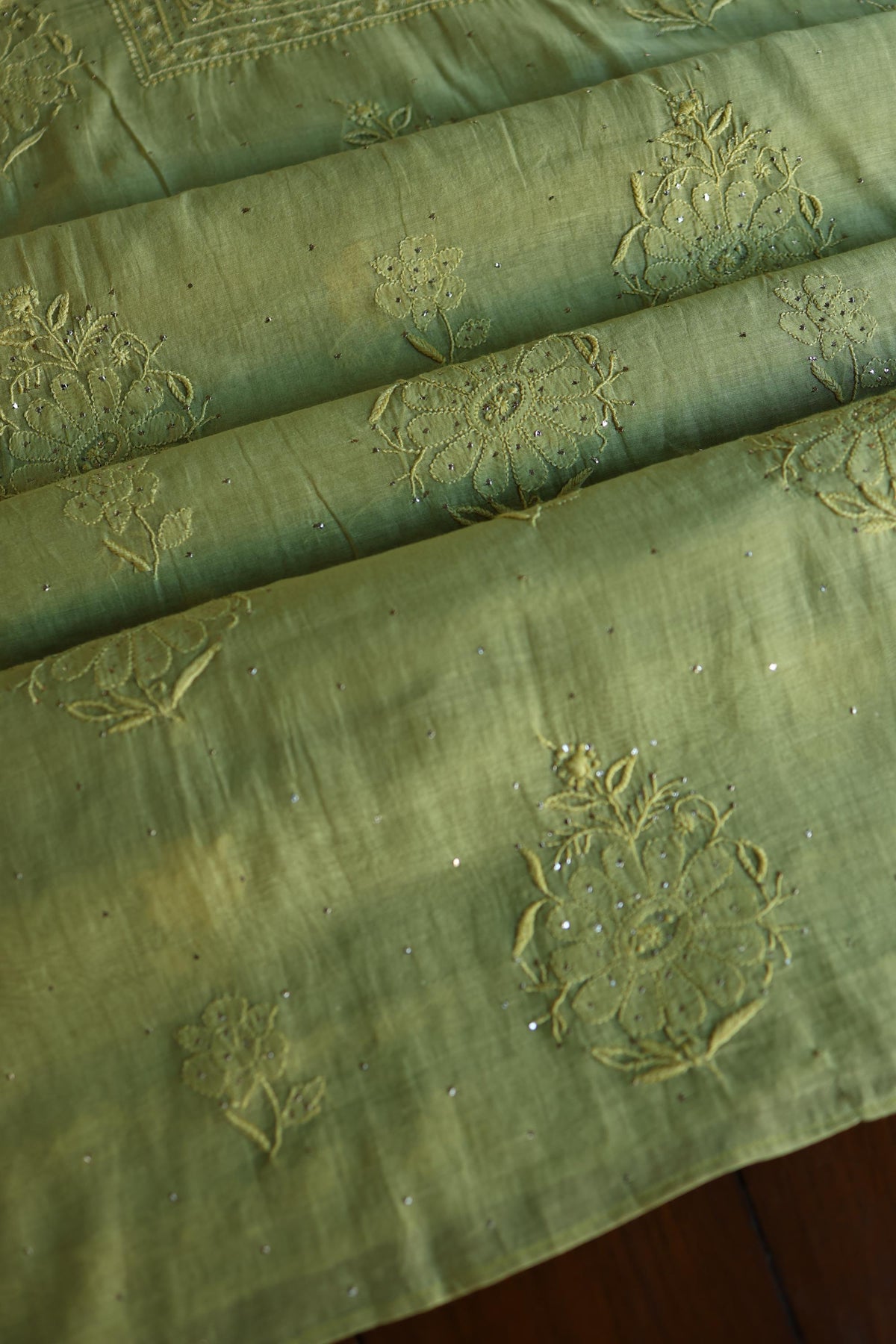 Moss Green Shade Mal Cotton Fine Chikankari With Kamdani Work Unstitched Fabric