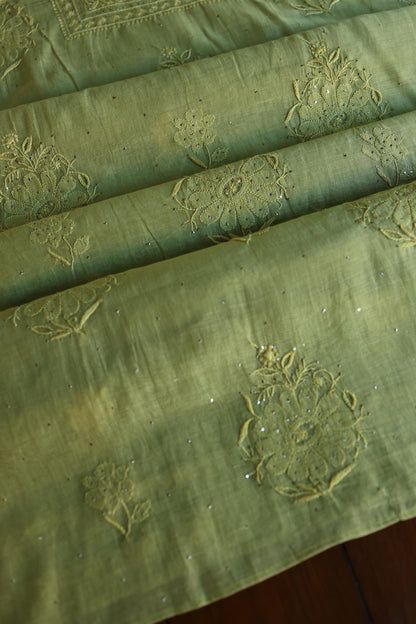 Moss Green Shade Mal Cotton Fine Chikankari With Kamdani Work Unstitched Fabric
