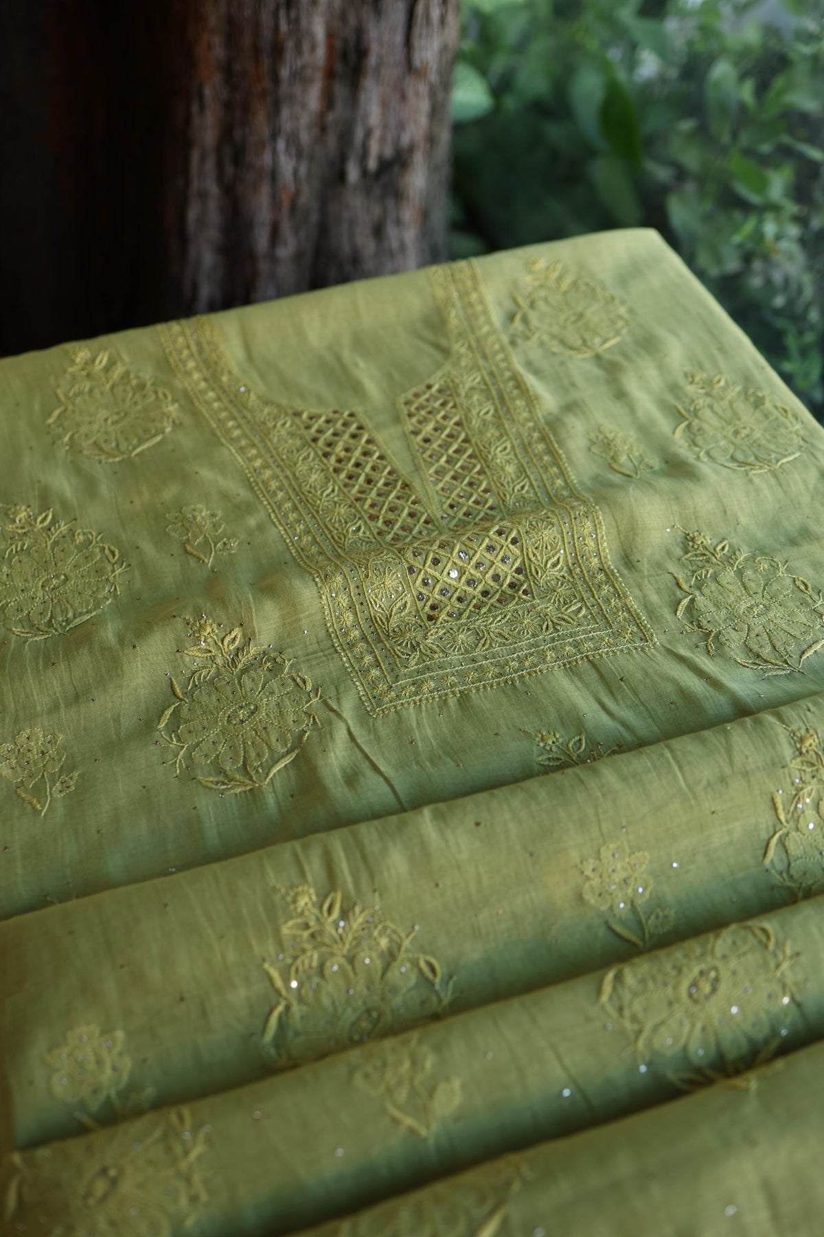 Moss Green Shade Mal Cotton Fine Chikankari With Kamdani Work Unstitched Fabric