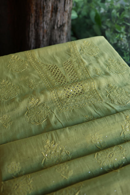 Moss Green Shade Mal Cotton Fine Chikankari With Kamdani Work Unstitched Fabric