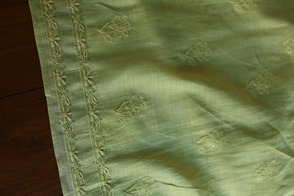 Moss Green Shade Mal Cotton Fine Chikankari With Kamdani Work Unstitched Fabric