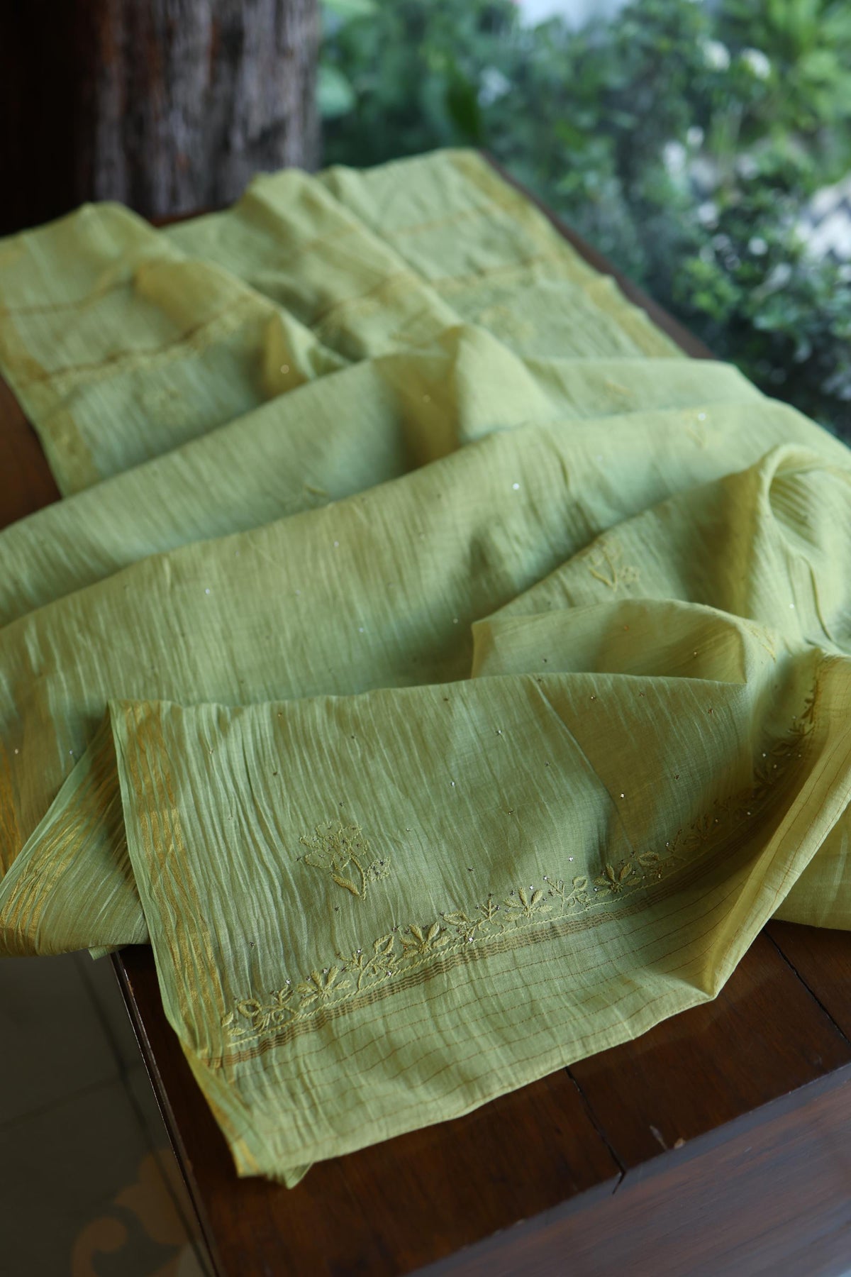 Moss Green Shade Mal Cotton Fine Chikankari With Kamdani Work Unstitched Fabric