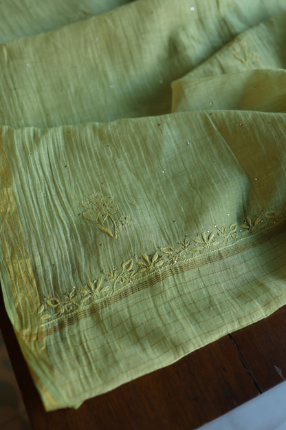 Moss Green Shade Mal Cotton Fine Chikankari With Kamdani Work Unstitched Fabric