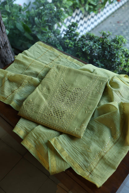 Moss Green Shade Mal Cotton Fine Chikankari With Kamdani Work Unstitched Fabric