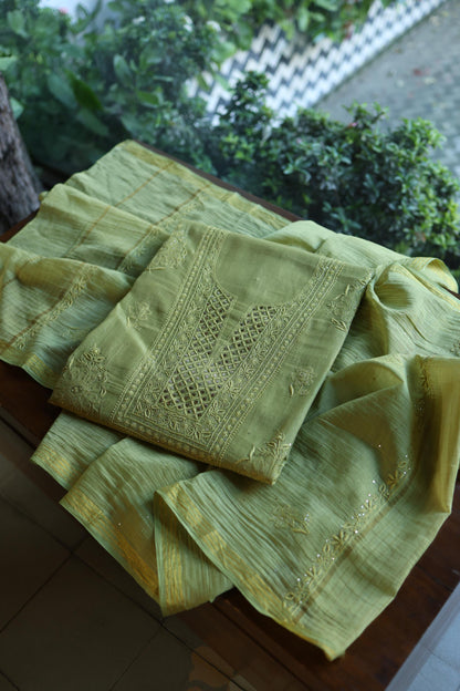 Moss Green Shade Mal Cotton Fine Chikankari With Kamdani Work Unstitched Fabric