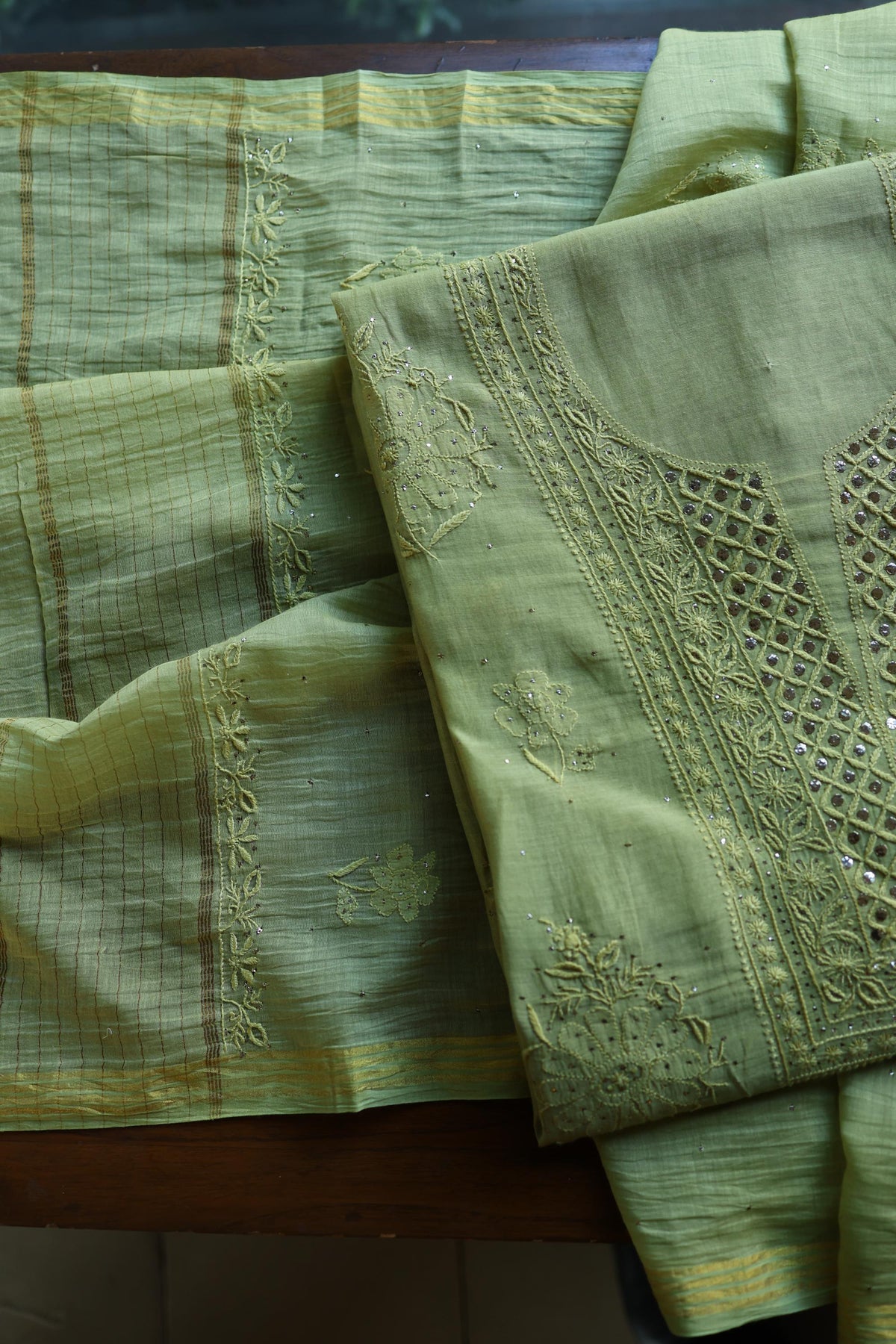 Moss Green Shade Mal Cotton Fine Chikankari With Kamdani Work Unstitched Fabric