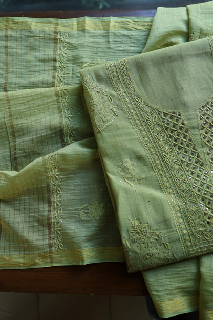 Moss Green Shade Mal Cotton Fine Chikankari With Kamdani Work Unstitched Fabric