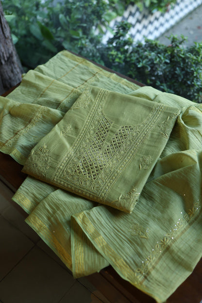 Moss Green Shade Mal Cotton Fine Chikankari With Kamdani Work Unstitched Fabric