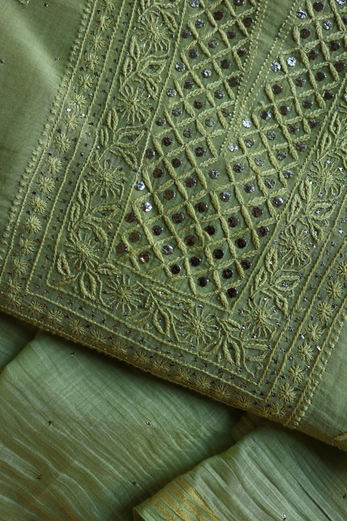 Moss Green Shade Mal Cotton Fine Chikankari With Kamdani Work Unstitched Fabric