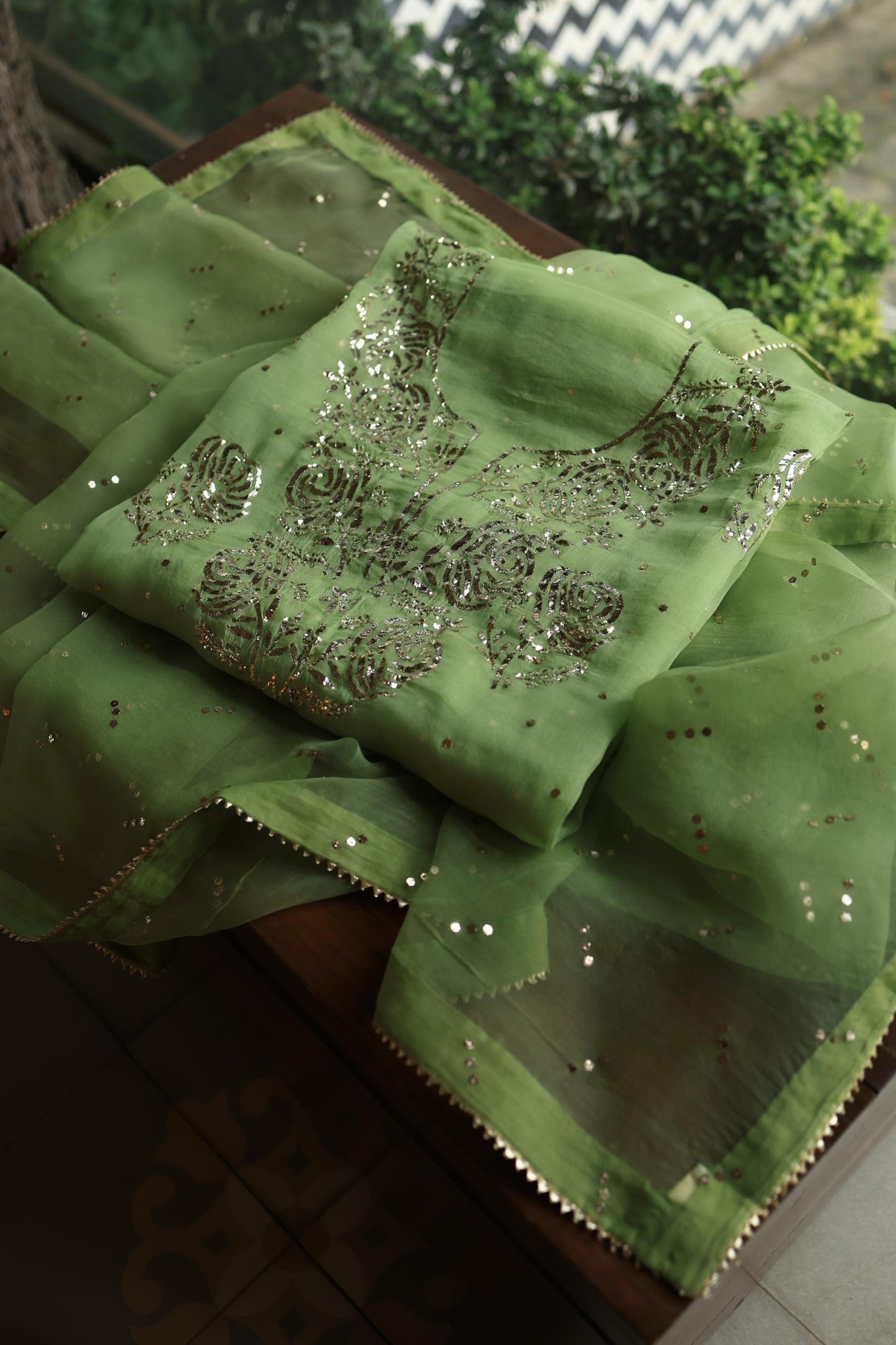 Moss Green Shade Noor Organza Silk Badla Unstitched Kurta Dupatta Set
