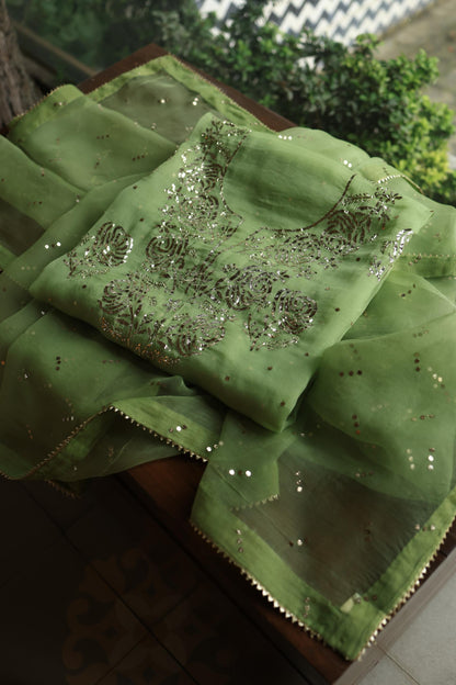 Moss Green Shade Noor Organza Silk Badla Unstitched Kurta Dupatta Set