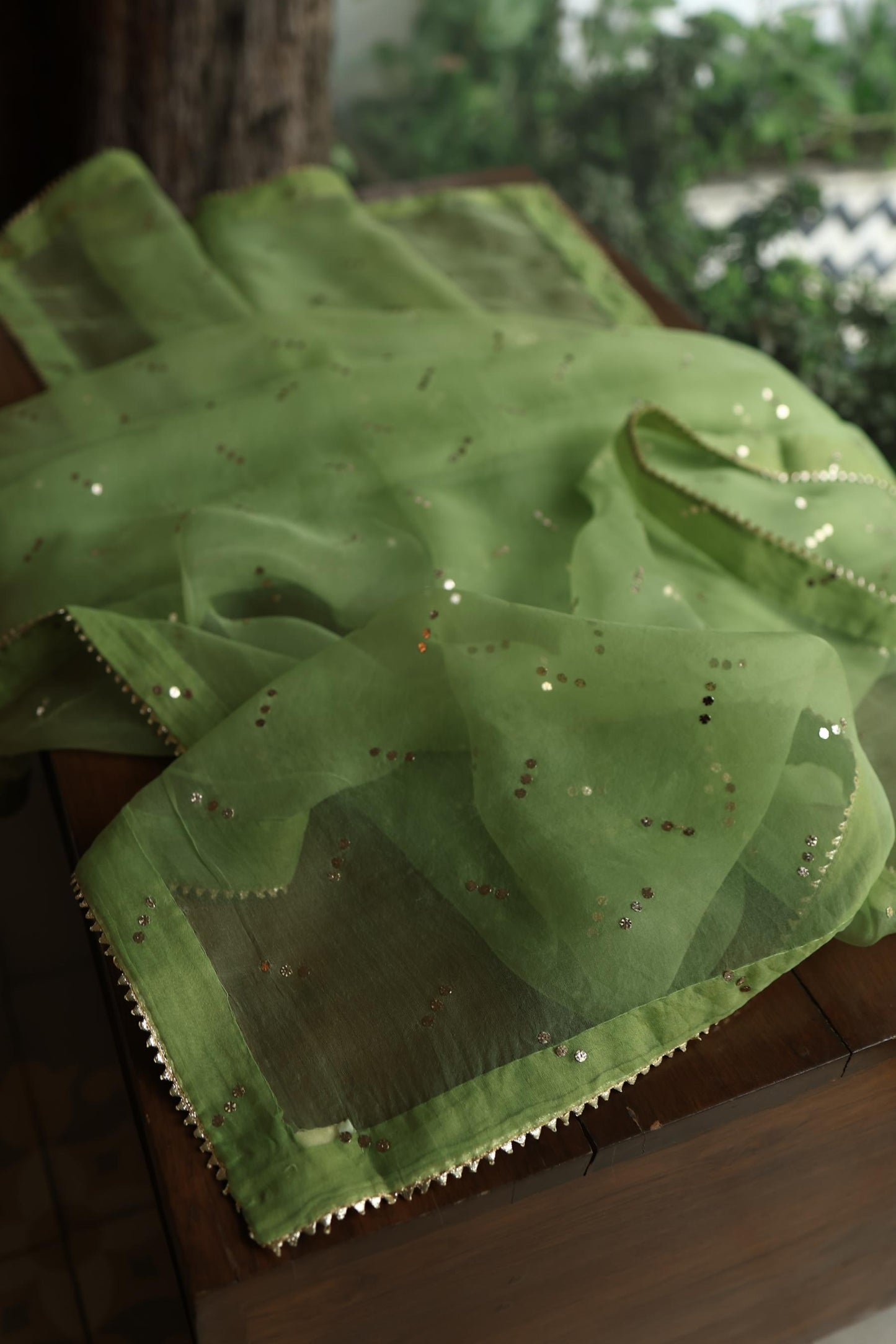 Moss Green Shade Noor Organza Silk Badla Unstitched Kurta Dupatta Set