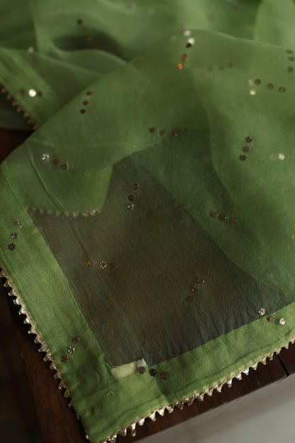 Moss Green Shade Noor Organza Silk Badla Unstitched Kurta Dupatta Set