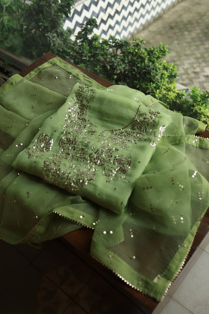 Moss Green Shade Noor Organza Silk Badla Unstitched Kurta Dupatta Set