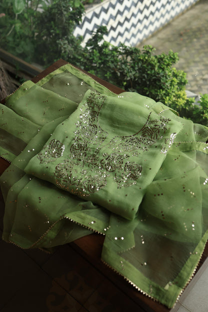 Moss Green Shade Noor Organza Silk Badla Unstitched Kurta Dupatta Set
