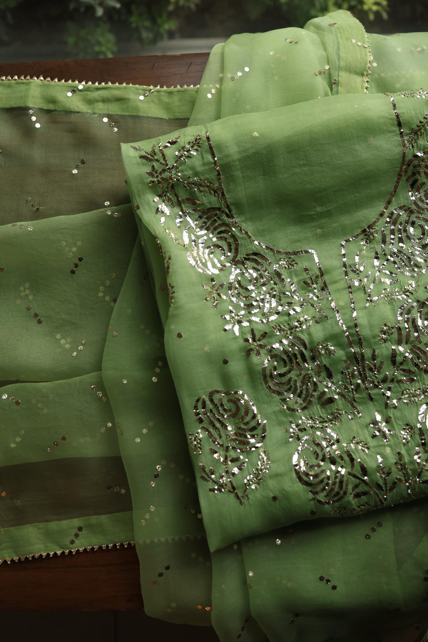 Moss Green Shade Noor Organza Silk Badla Unstitched Kurta Dupatta Set