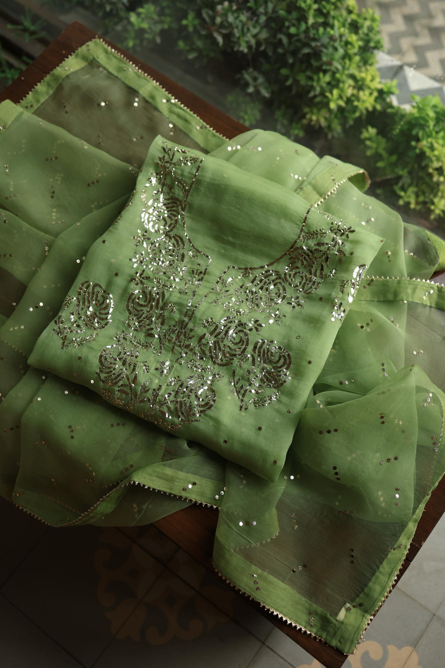 Moss Green Shade Noor Organza Silk Badla Unstitched Kurta Dupatta Set