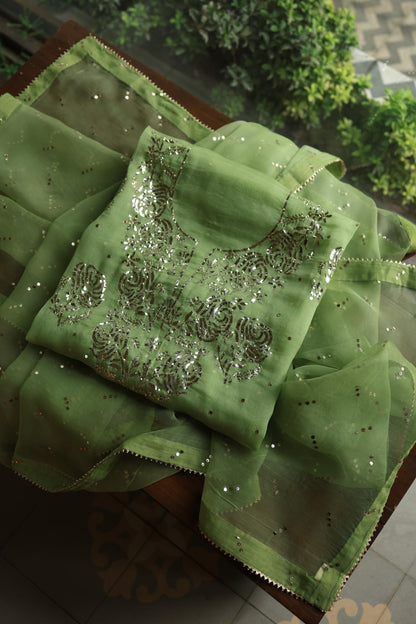 Moss Green Shade Noor Organza Silk Badla Unstitched Kurta Dupatta Set