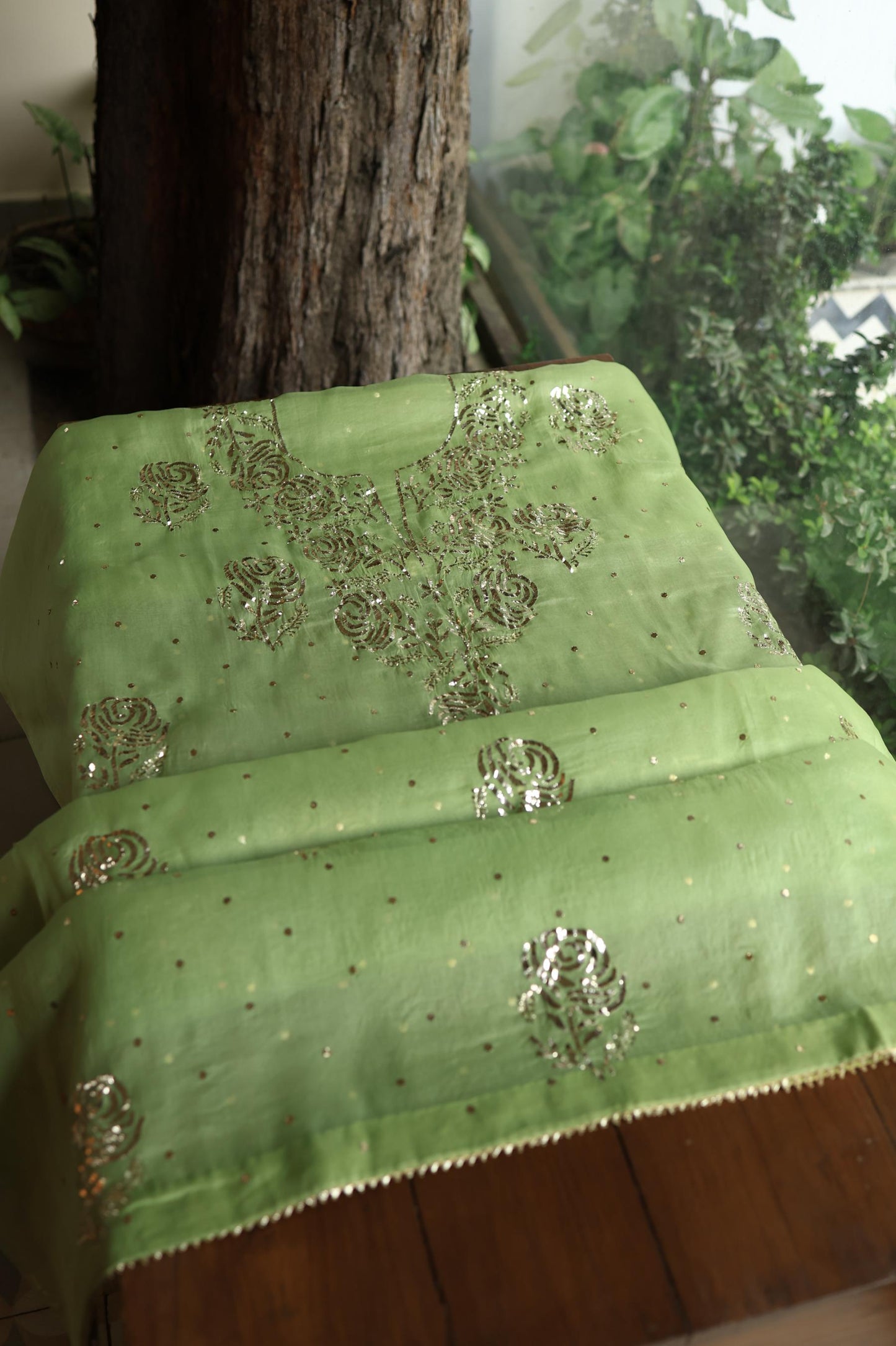 Moss Green Shade Noor Organza Silk Badla Unstitched Kurta Dupatta Set