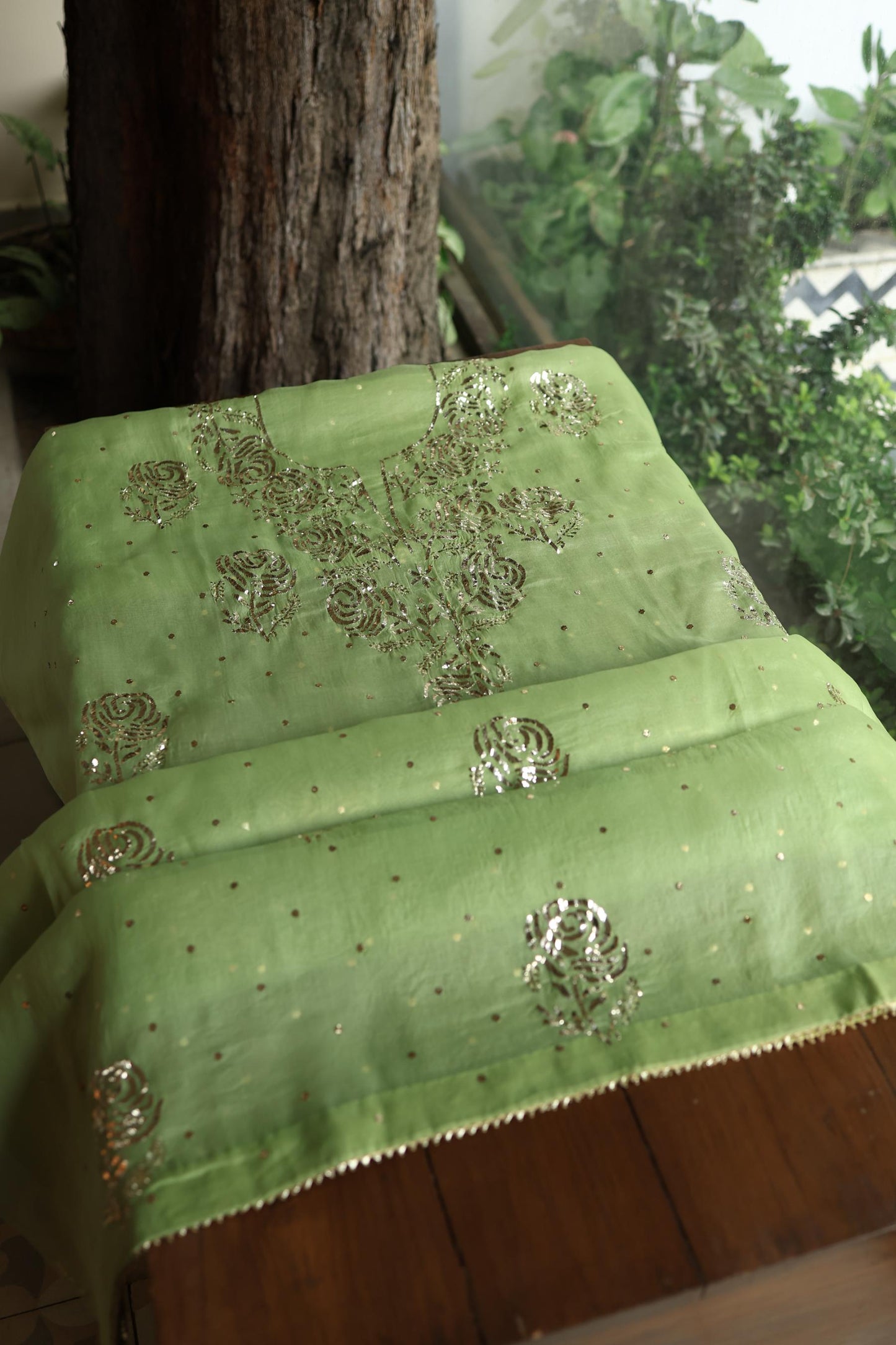 Moss Green Shade Noor Organza Silk Badla Unstitched Kurta Dupatta Set